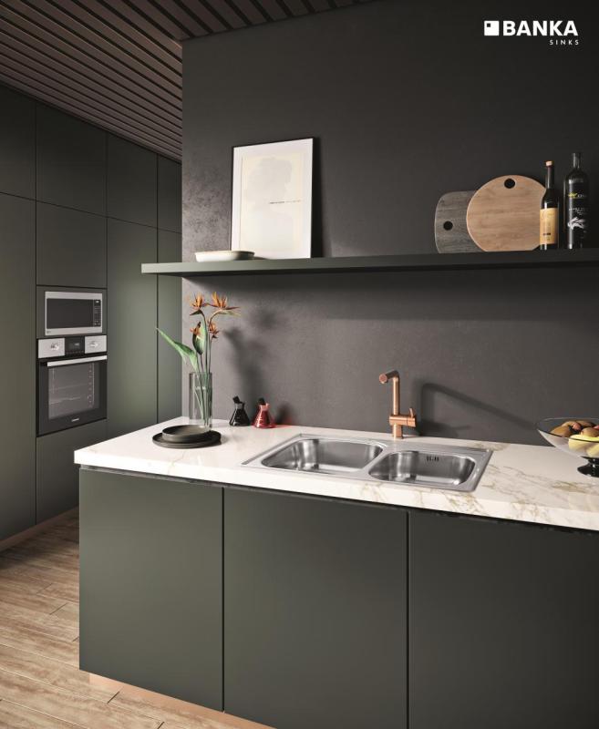 Bancă Princess RVS chiuvetă dublă montaj pe blat 84x56 cm cu șanț pentru robinet 1208970066