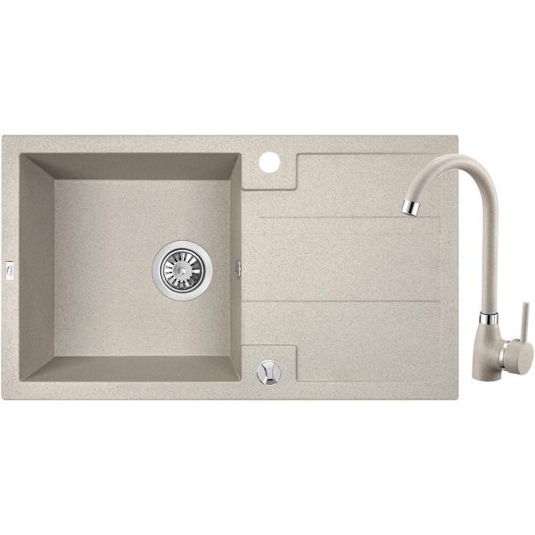 Aquadesign Hartwell Set - Chiuvetă de bucătărie din granit cu montare pe blat, culoare bej nisip, cu scurgător și robinet de bucătărie, 76 x 44 cm - 1208970088