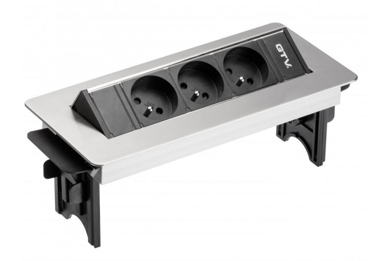 Prelungitor de birou fără casetă, priză triplă cu împământare, cablu de alimentare de 1,5 m cu ștecher, inox.