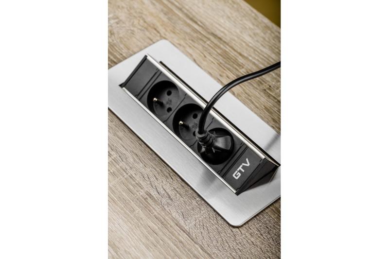 Prelungitor de birou fără casetă, priză triplă cu împământare, cablu de alimentare de 1,5 m cu ștecher, inox.