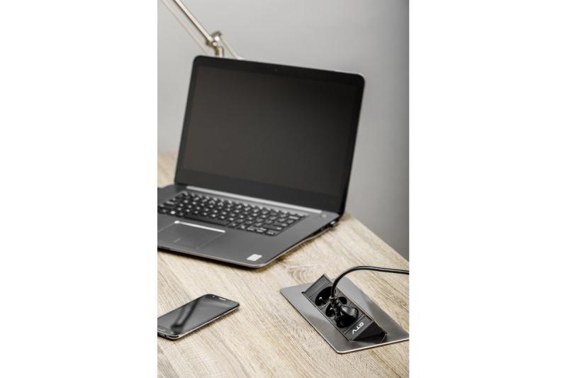 Prelungitor de birou fără casetă, priză triplă cu împământare, cablu de alimentare de 1,5 m cu ștecher, inox.