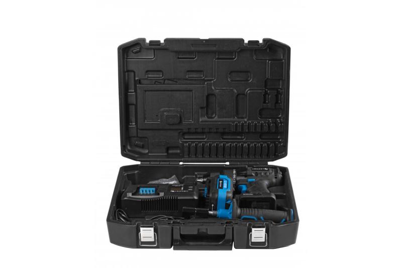 Set de șurubelnițe cu acumulator fără perii HÖGERT, 18V, cu suport pentru biți, magazie de biți, încărcător și baterie.