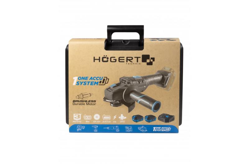 HÖGERT polizor unghiular fără cablu cu comutator tip pedală, 125MM, 18V, set cu baterie, încărcător, accesorii.