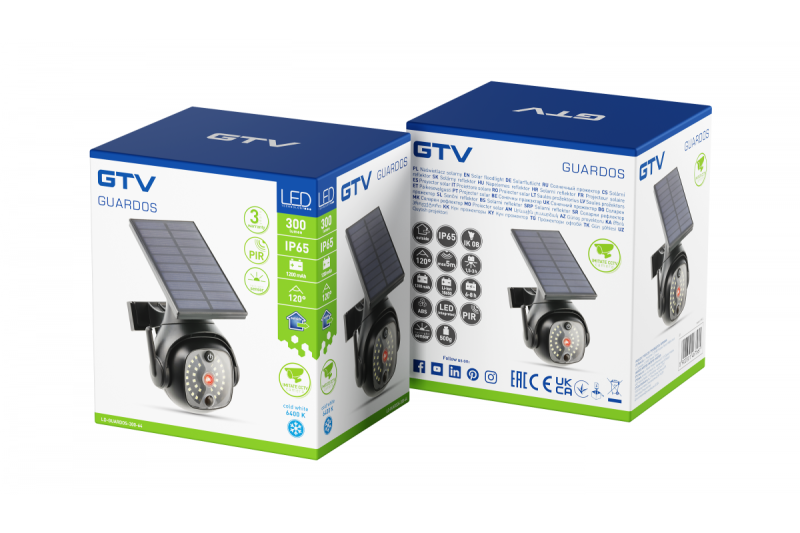 Lumină de inundație solară cu senzor de mișcare și crepuscular GUARDOS, LED, 300lm, 6400K, 1200mAh, IP65, cameră fictivă