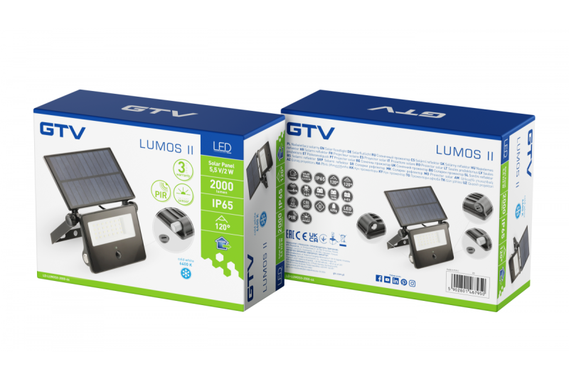 Lumină de inundație solară LUMOS II, LED, 2000lm, 6400K, 2600mAh înlocuibil, IP65, negru