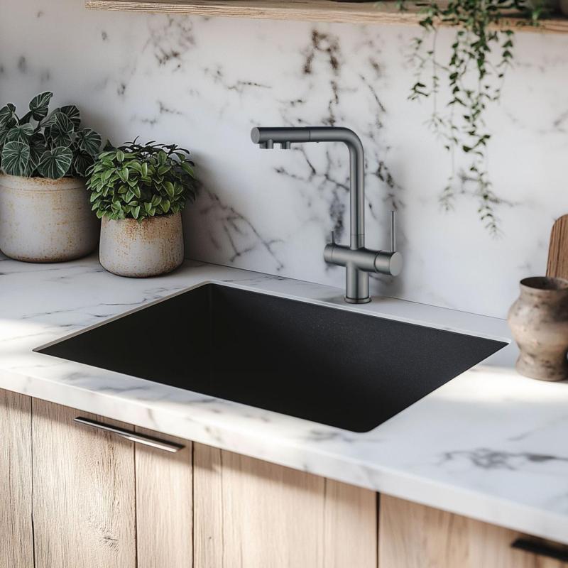 Ausmann Ellington Baterie de bucătărie cu 3 căi, cu duză extensibilă și apă filtrată – Gun metal- 1208970499