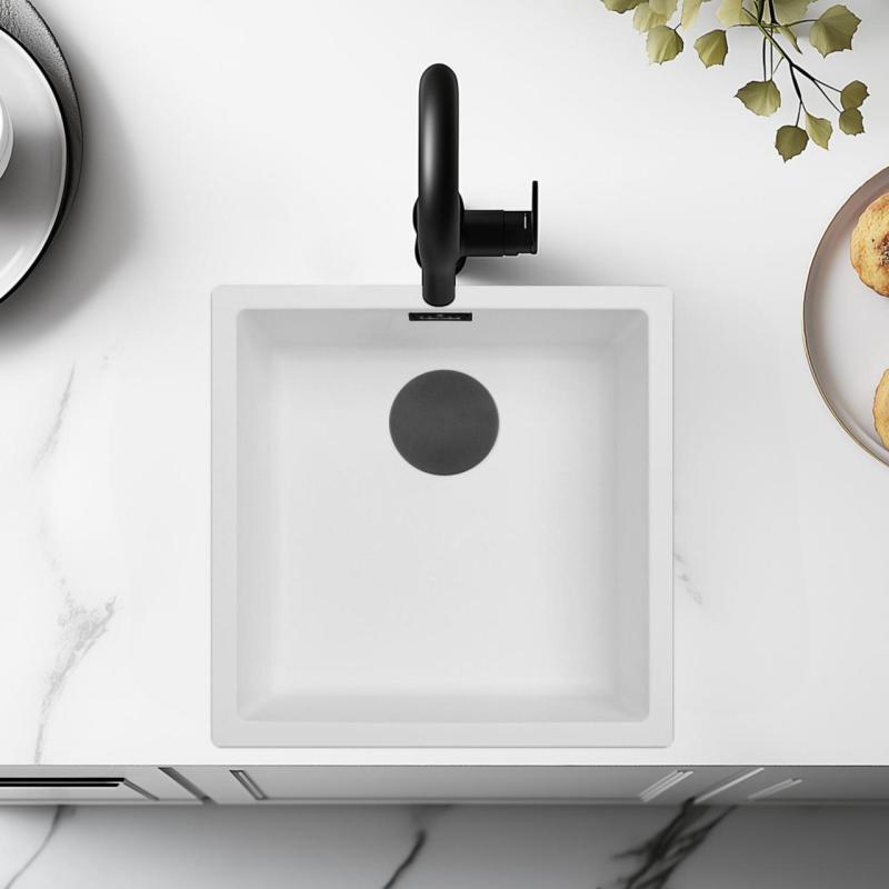 Chiuvetă Albă 40x40 cm Submontaj, Montaj pe Blat și Montaj la Nivel cu Blatul cu Dop Negru Mat 1208970535