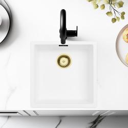 Chiuvetă Albă 40x40 cm Submontare, Montare pe Blat și Montare la Nivel cu Dop Auriu 1208970537