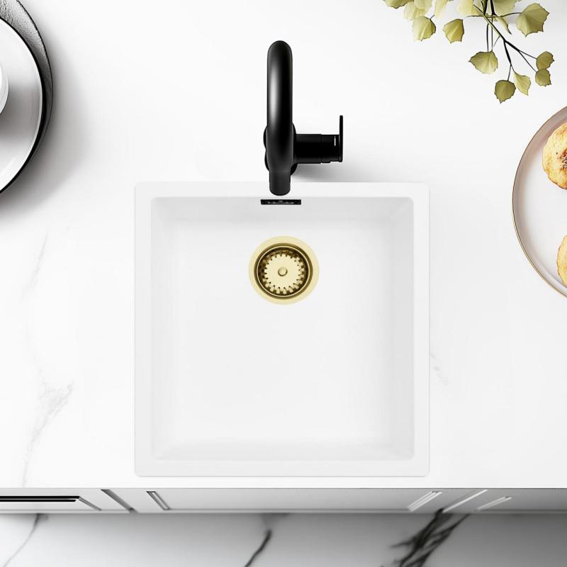 Chiuvetă Albă 40x40 cm Submontare, Montare pe Blat și Montare la Nivel cu Dop Auriu 1208970537