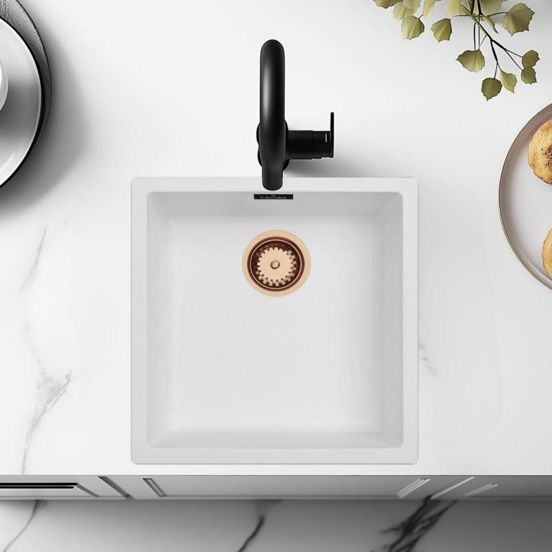 Chiuvetă Albă 40x40 cm pentru Montare Subblad, Pe Blad și la Nivel cu Blatul cu Dop de Cupru 1208970538