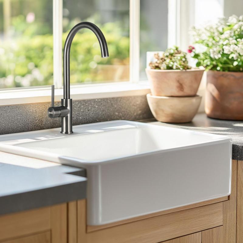 Ausmann Ceramic Panor Shade Chiuvetă ceramică albă Butler - Subpodea și între podea 630 x 597 mm cu bancă pentru robinet și dop negru mat 1208970554