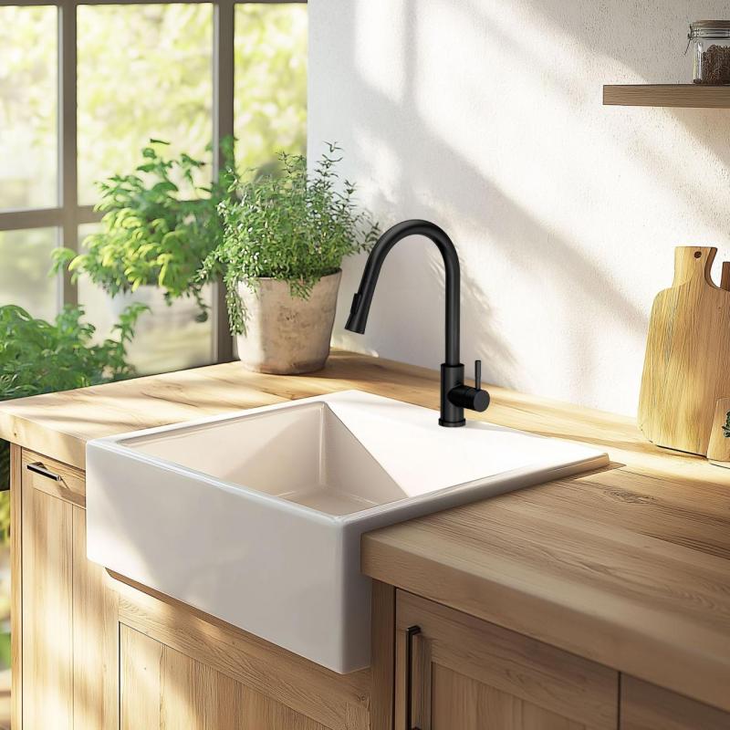 Ausmann Ceramic Panor Shade chiuvetă ceramică albă tip Butler - montare sub blat și semi-încastrată 630 x 597 mm cu platformă pentru robinet și dop din oțel inoxidabil 1208970560.