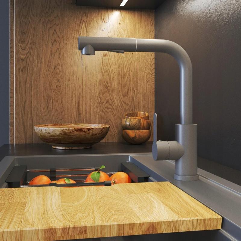 Graniteland Celeste Baterie de bucătărie gri cu gura de scurgere extensibilă și duș de mână cu dublă funcție 1208970663