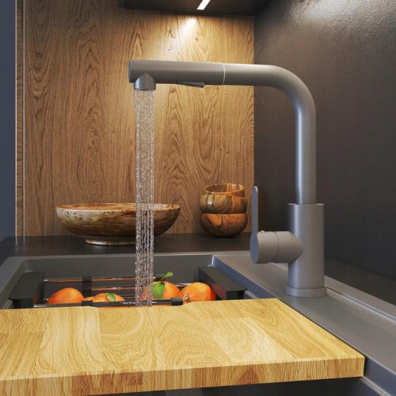 Graniteland Celeste Baterie de bucătărie gri cu gura de scurgere extensibilă și duș de mână cu dublă funcție 1208970663
