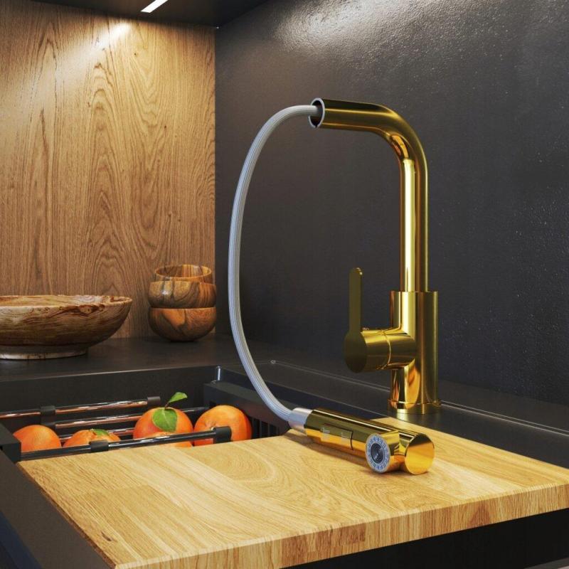 Granită Celeste Baterie de Bucătărie Aurie cu Scurgere Extensibilă și Duș de Mână cu Dublă Funcție 1208970664