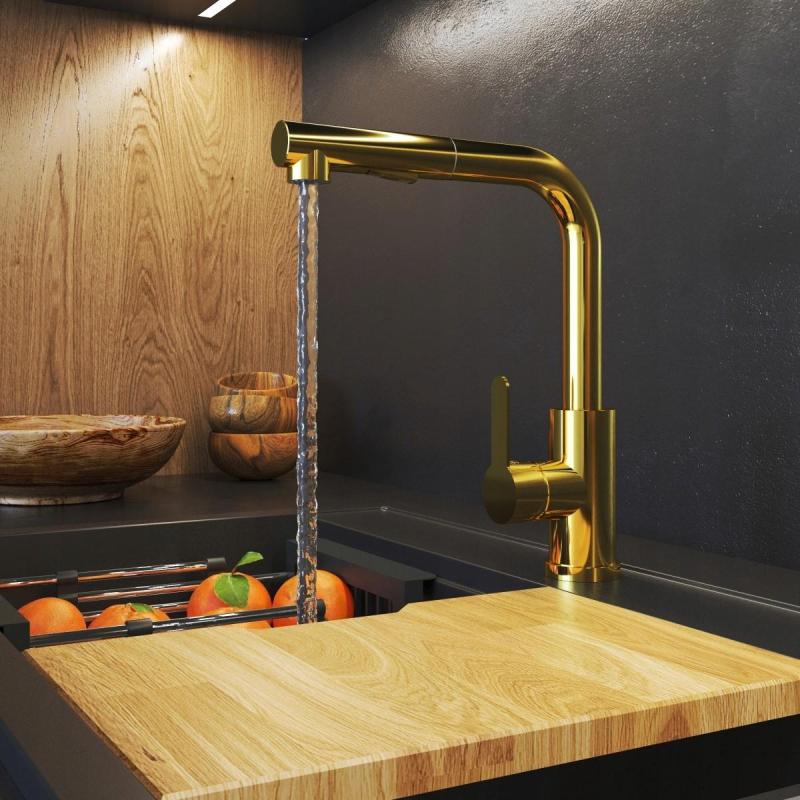 Granită Celeste Baterie de Bucătărie Aurie cu Scurgere Extensibilă și Duș de Mână cu Dublă Funcție 1208970664