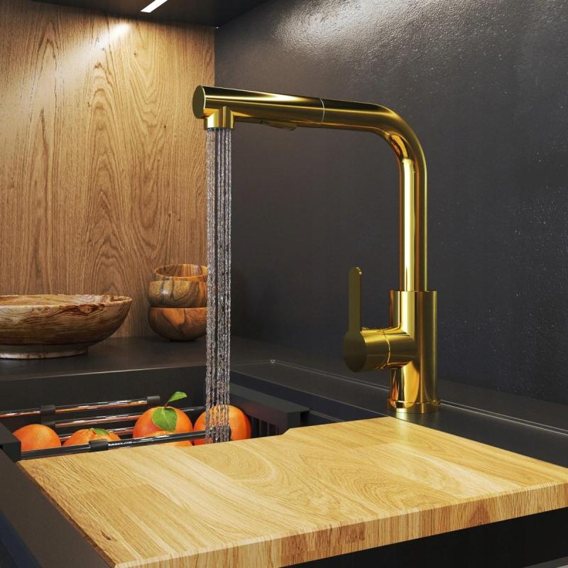 Granită Celeste Baterie de Bucătărie Aurie cu Scurgere Extensibilă și Duș de Mână cu Dublă Funcție 1208970664