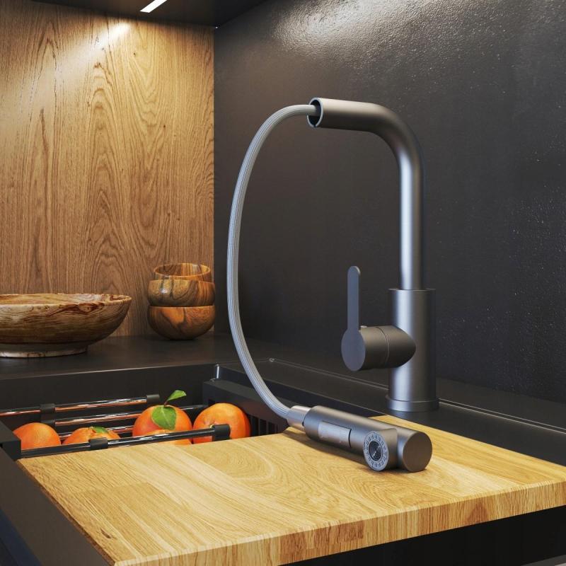 Graniteland Celeste Robinet de bucătărie cu duș extractibil și dublă funcție, finisaj Gun Metal 1208970666