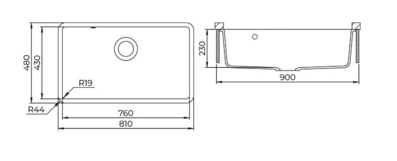 AquaGranite Modulo R19 chiuvetă mare din granit negru 76x43 cm instalare sub blat și pe blat cu dop din inox 1208970688