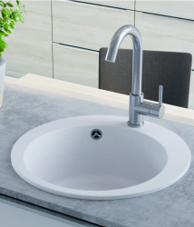 AquaGranite Lago Chiuvetă rotundă din granit alb deasupra blatului 505mm cu dop din inox și 1 orificiu pentru robinet 1208970689