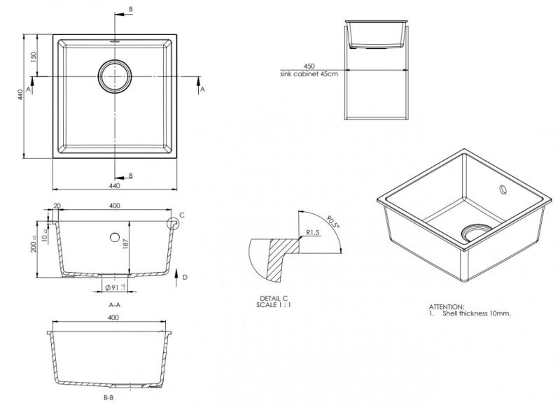 GraniteMy Universal Granit Gri, închis la culoare Chiuvetă 40x40 cm Montare deasupra, sub și nivel cu suprafața cu Plug din oțel inoxidabil 1208970742