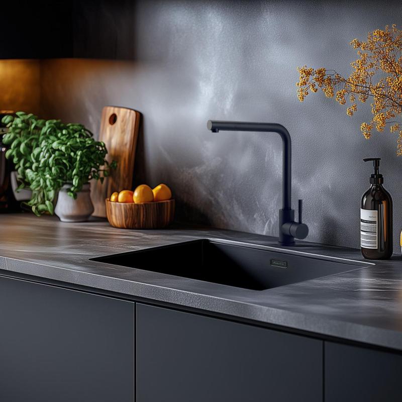 Set de combinare negru pentru chiuvetă 50x40cm cu robinet de bucătărie negru 1208970765