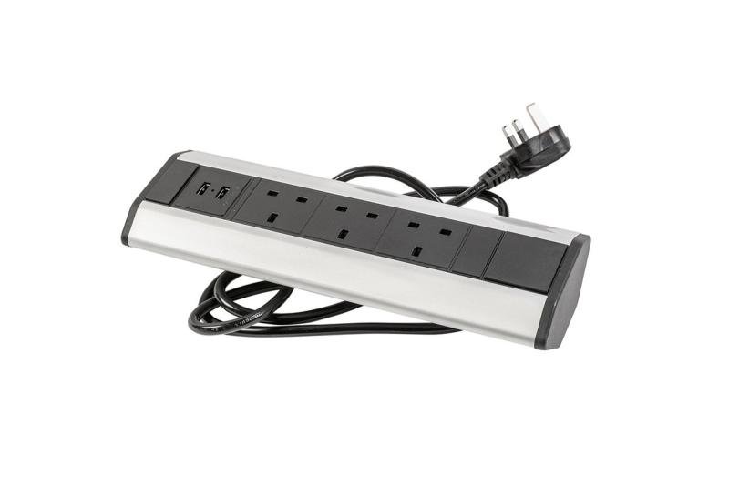 Cablu de prelungire pentru birou cu 3 prize de tip UK unghiulare, 2x USB 2.1A 5V (argintiu) FĂRĂ LOGO