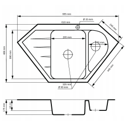 Graniteland Amiata Chiuvetă de granit negru cu colțuri rotunjite, montată pe blat, 955 x 489 mm, cu dop din oțel inoxidabil 1208971120