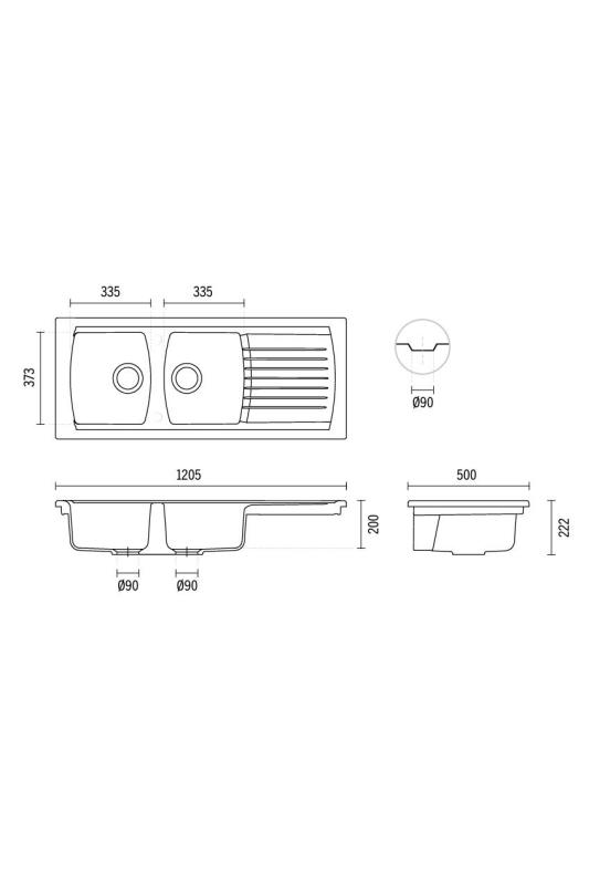 Ausmann Ceramic Crest Chiuvetă dublă ceramică albă cu zonă de scurgere 1205 x 500 mm 1208971132