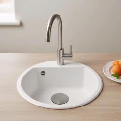 GraniteMy Bremen chiuvetă rotundă din granit de 43 cm, albă, de suprafață și de sub blat, cu gaură pentru robinet și dop metalic mat 1208971220