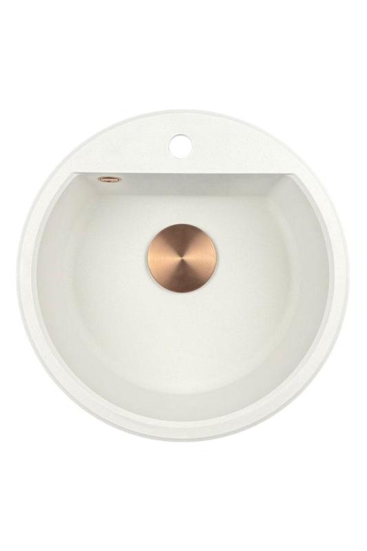 GraniteMy Bremen chiuvetă rotundă din granit de 43 cm albă, de montat și submontat, cu orificiu pentru robinet și dop de cupru 1208971222