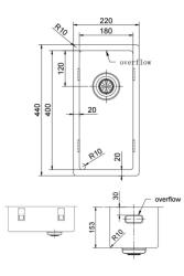 Pure.Sink Exclusivo mică chiuvetă din inox 18x40 cm, rază de 10mm pentru montare sub blat, la nivel cu blatul sau suprafața PEX1840-02