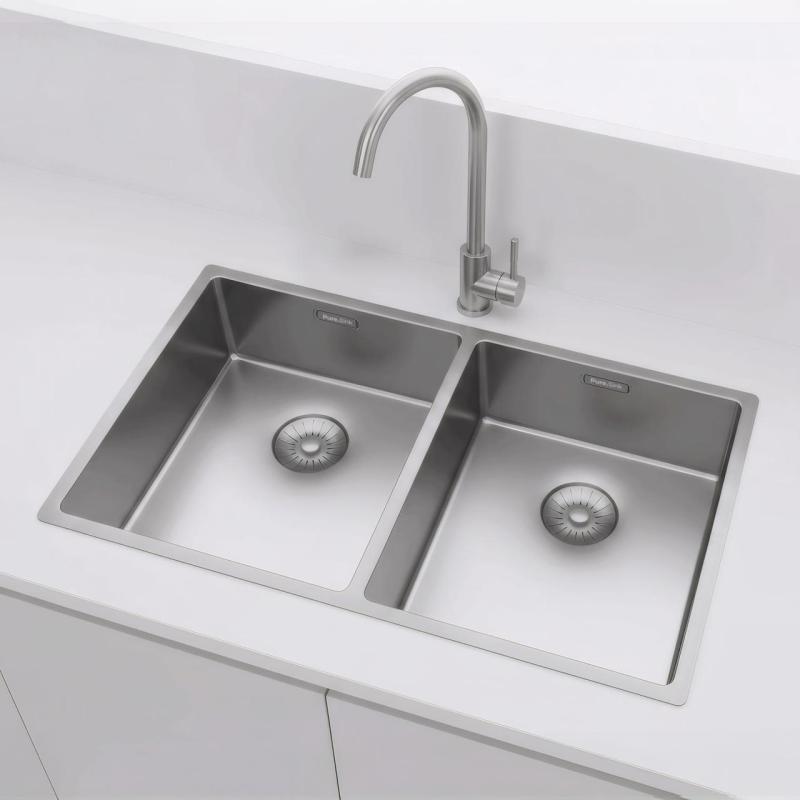 Pure.Sink Prestige Chiuveta dublă din inox 70x40 cm, rază de 10mm pentru montare sub blat, la nivel cu blatul și suprapusă PPG343440-02