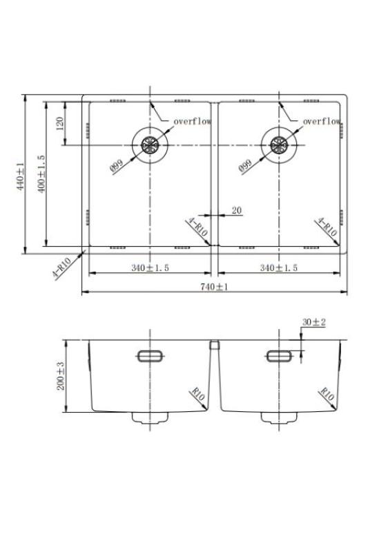 Pure.Sink Prestige Dublă chiuvetă Gun Metal 70x40 cm, rază de 10mm, montaj sub blat, montaj la nivelul blatului și montaj superior PPG343440-61