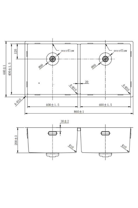 Pure.Sink Prestige Chiuvetă dublă aurie 82x40 cm radius de 10mm montare sub nivel, montare la nivel și suprafață PPG404040-60