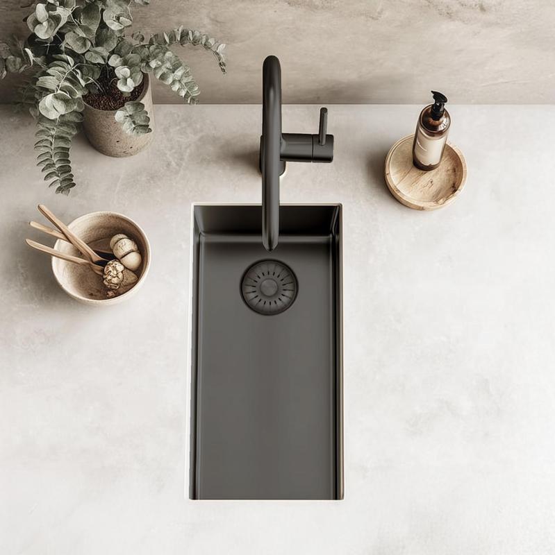 Pure.Sink Exclusivo Gun metal chiuvetă mică 18x40 cm, cu rază de 10mm pentru montare sub blat, la nivelul blatului și supraveghere PEX1840-61