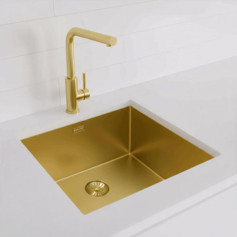 Pure.Sink Exclusivo Chiuvetă de aur 45x40 cm cu rază de 10mm pentru montare sub blat, montare la nivel și montare deasupra PEX4540-60