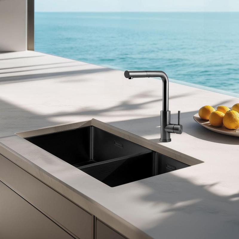 Pure.Sink Exclusivo Gun Metal 1,5 chiuvetă cu o jumătate de spălare 34+18 cm rază de 10mm PEX341840-61
