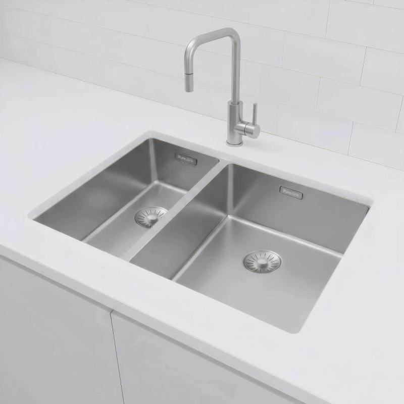 Pure.Sink Exclusivo RVS 1,5 cuvă dublă de 18+34 cm cu rază de 10mm PEX183440-02