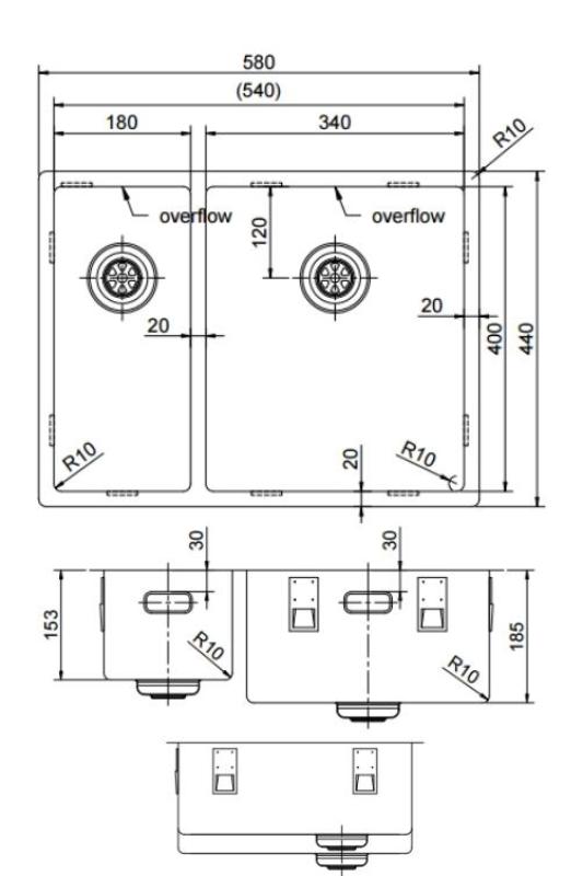 Pure.Sink Exclusivo Gun Metal 1,5 chiuvetă cu o jumătate de scurgere 18+34 cm raza de 10mm PEX183440-61