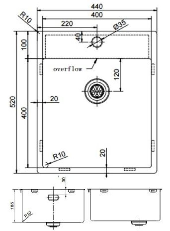 Pure.Sink Exclusivo Chiuvetă de cupru 44x52 cm Tapwing cu gaură pentru robinet, rază de 10mm PEX4040T-62