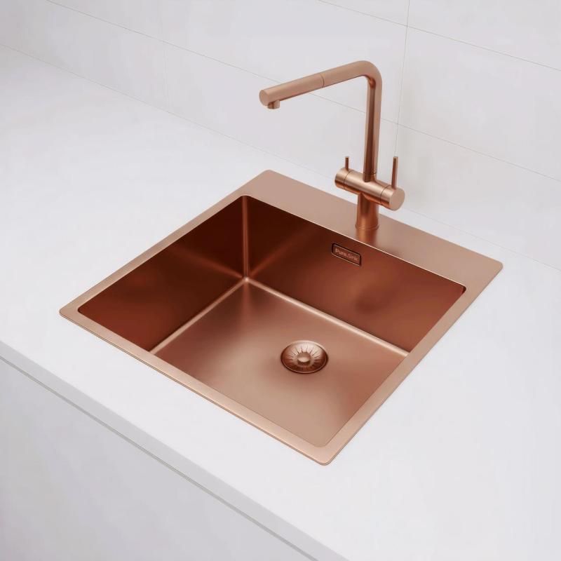 Pure.Sink Exclusivo Chiuvetă de cupru 49x52 cm Tapwing cu banca de găuri pentru robinet, rază de 10mm PEX4540T-62