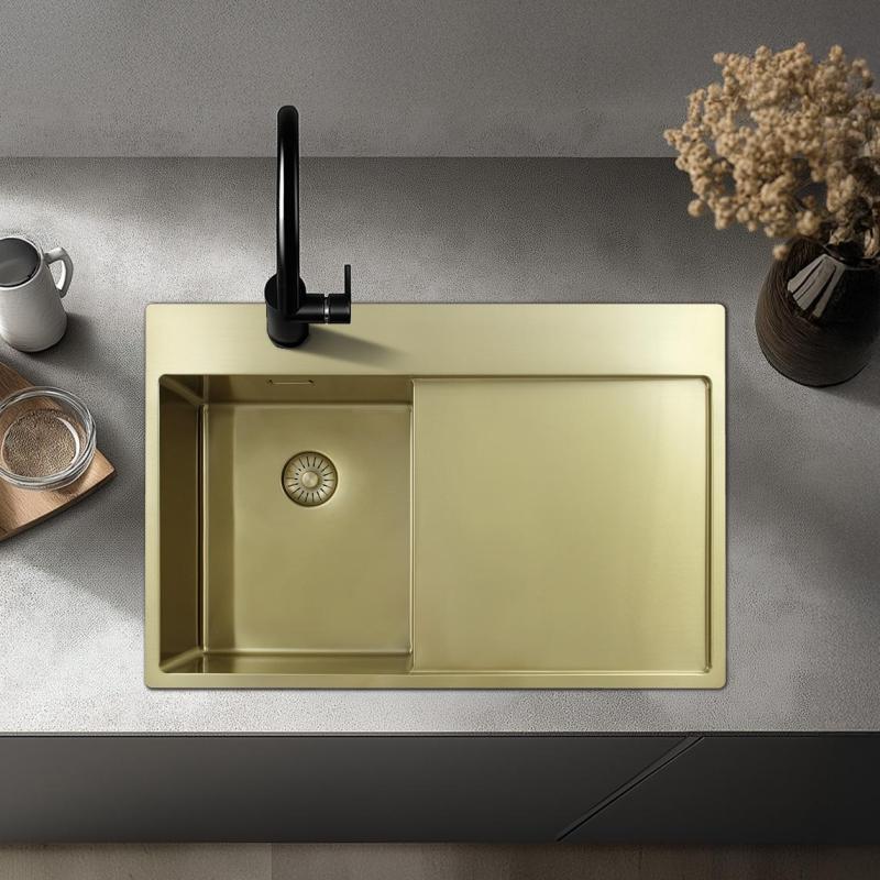 Pure.Sink Exclusivo Chiuvetă mică aurie cu zonă de scurgere 78x52 cm Robinet cu manetă dreapta PEX3478RT-60