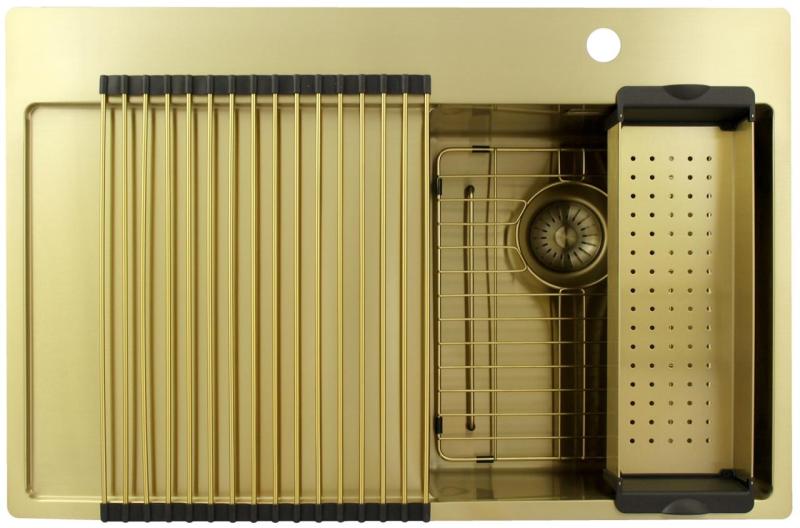 Pure.Sink Exclusivo Chiuvetă mică aurie cu zonă de scurgere 78x52 cm Robinet cu manetă dreapta PEX3478RT-60