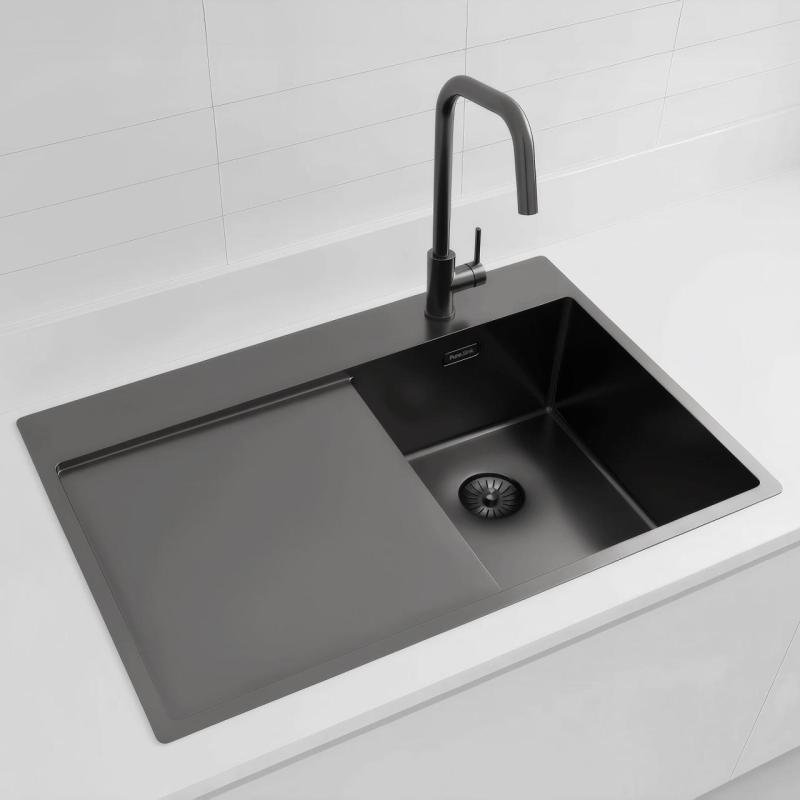 Pure.Sink Exclusivo Gun Metal chiuvetă mică cu zonă de scurgere 78x52 cm Tapwing dreapta PEX3478RT-61