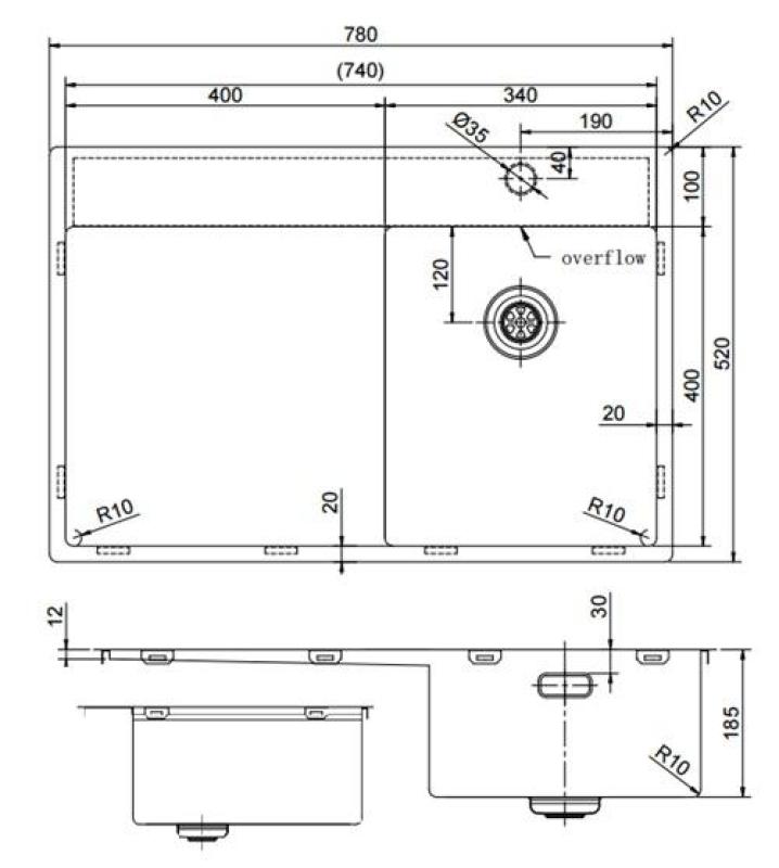 Pure.Sink Exclusivo Gun Metal chiuvetă mică cu zonă de scurgere 78x52 cm Tapwing dreapta PEX3478RT-61
