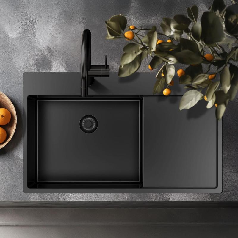 Pure.Sink Exclusivo Gun Metal chiuvetă cu zonă de scurgere 86x52 cm Tapwing dreapta PEX5086RT-61