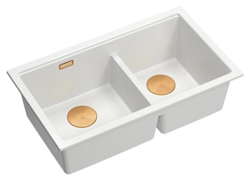 Chiuvetă dublă Quadri Newport II din granit alb, montare pe blat, 76x45 cm, cu dop de cupru 1208971358
