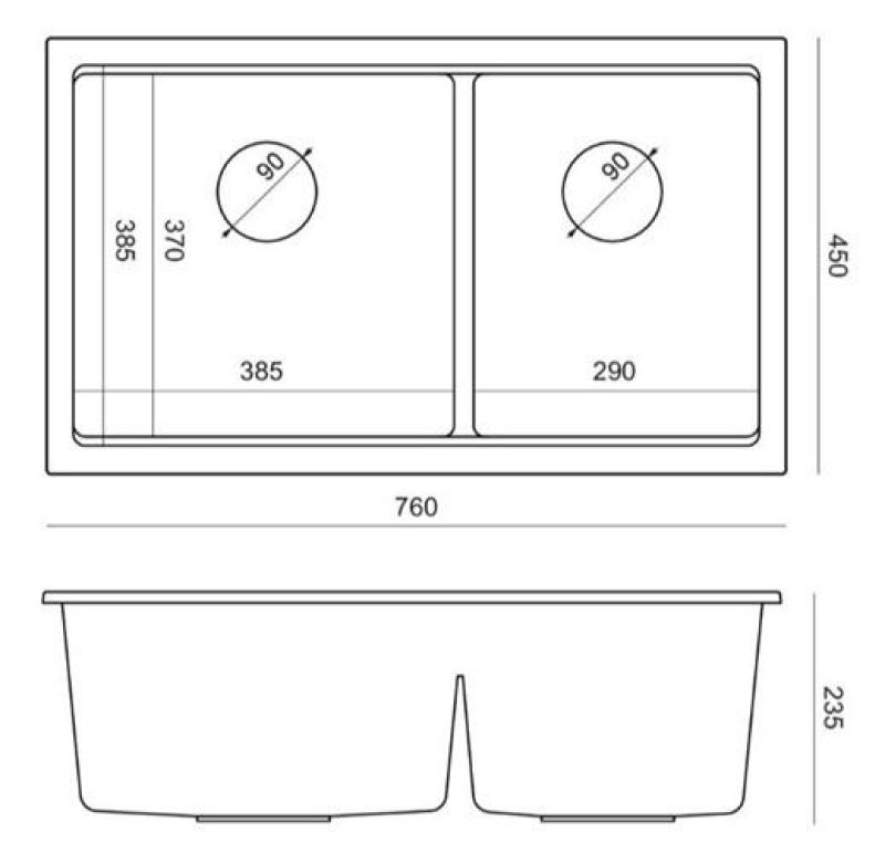 Chiuveta dublă Quadri Newport II din granit gri, montare superioară, 76x45 cm cu dop de cupru 1208971360