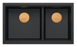 Chiuveta dublă Quadri Newport II din granit negru, montaj de suprafață, 76x45 cm, cu dop de cupru 1208971361